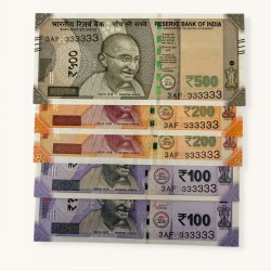 Rs 100 to 500 Ultra Unique Pair Set of Banknotes Same Number 3AF 333333 Gem UNC Unique and Rare