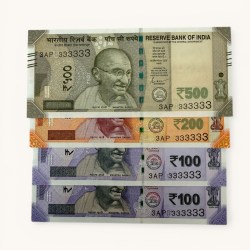Rs 100 to 500 Ultra Unique Pair Set of Banknotes Same Number 3AP 333333 Gem UNC Unique and Rare