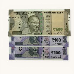 Rs 100 to 500 Ultra Unique Pair Set of Banknotes Same Number 3BS 333333 Gem UNC Unique and Rare