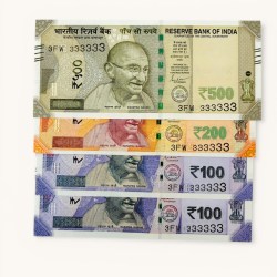 Rs 100 to 500 Ultra Unique Pair Set of Banknotes Same Number 3FW 333333 Gem UNC Unique and Rare