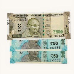 Rs 50 to 500 Ultra Unique Pair Set of Banknotes Same Number 3SA 333333 Gem UNC Unique and Rare