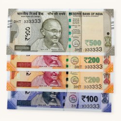 Rs 100 to 500 Ultra Unique Pair Set of Banknotes Same Number 3HT 333333 Gem UNC Unique and Rare