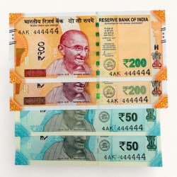 Rs 50 to 200 Ultra Unique Pair Set of Banknotes Same Number 4AK 444444 Gem UNC Unique and Rare