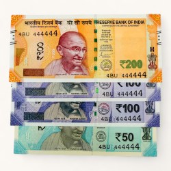 Rs 50 to 200 Ultra Unique Pair Set of Banknotes Same Number 4BU 444444 Gem UNC Unique and Rare
