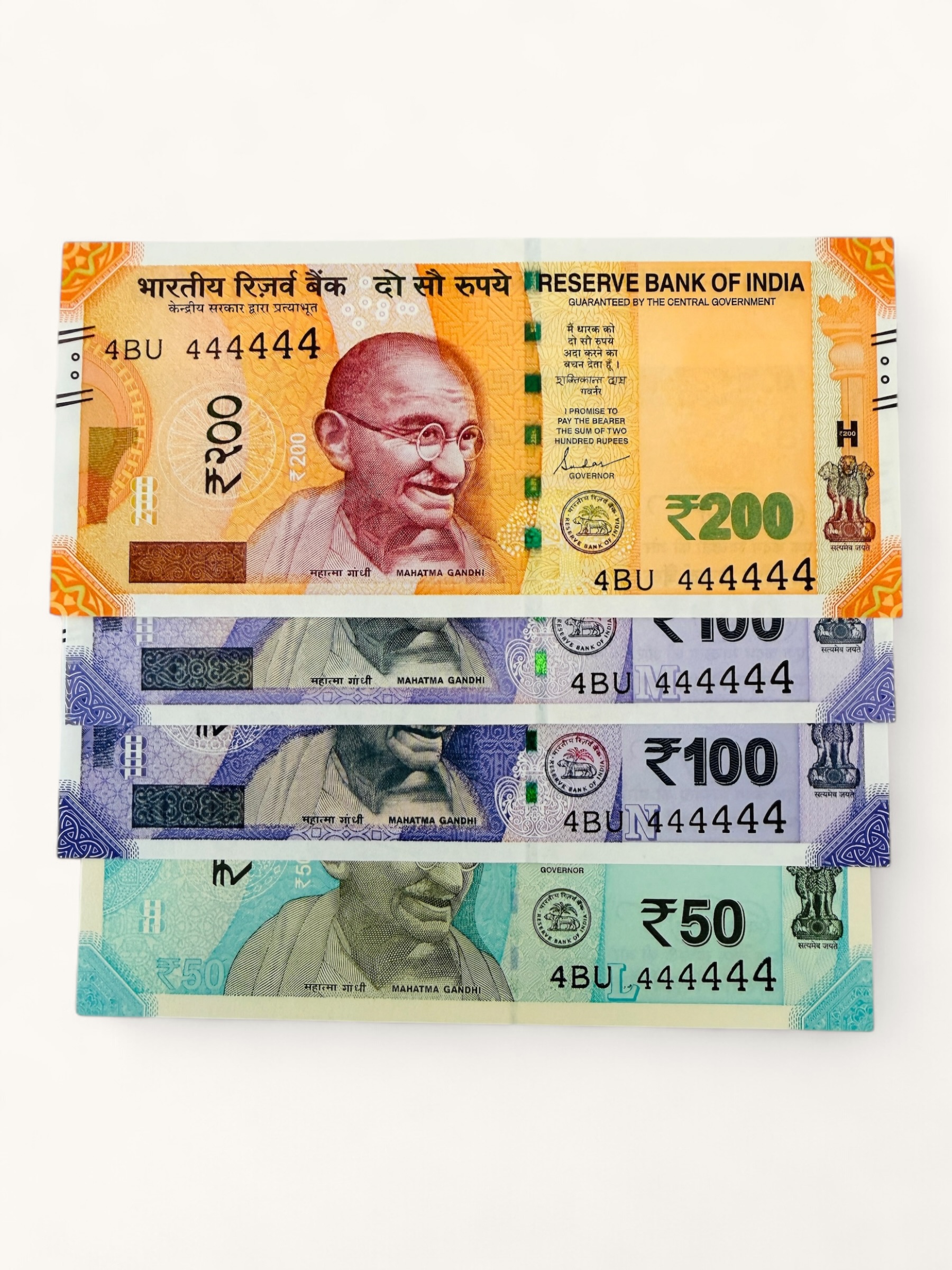 Rs 50 to 200 Ultra Unique Pair Set of Banknotes Same Number 4BU 444444 Gem UNC Unique and Rare