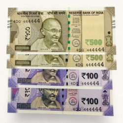 Rs 100 to 500 Ultra Unique Pair Set of Banknotes Same Number 4DQ 444444 Gem UNC Unique and Rare