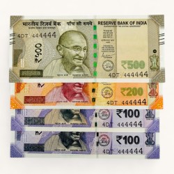 Rs 100 to 500 Ultra Unique Pair Set of Banknotes Same Number 4DT 444444 Gem UNC Unique and Rare
