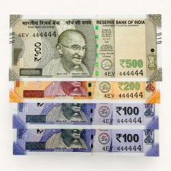 Rs 100 to 500 Ultra Unique Pair Set of Banknotes Same Number 4EV 444444 Gem UNC Unique and Rare