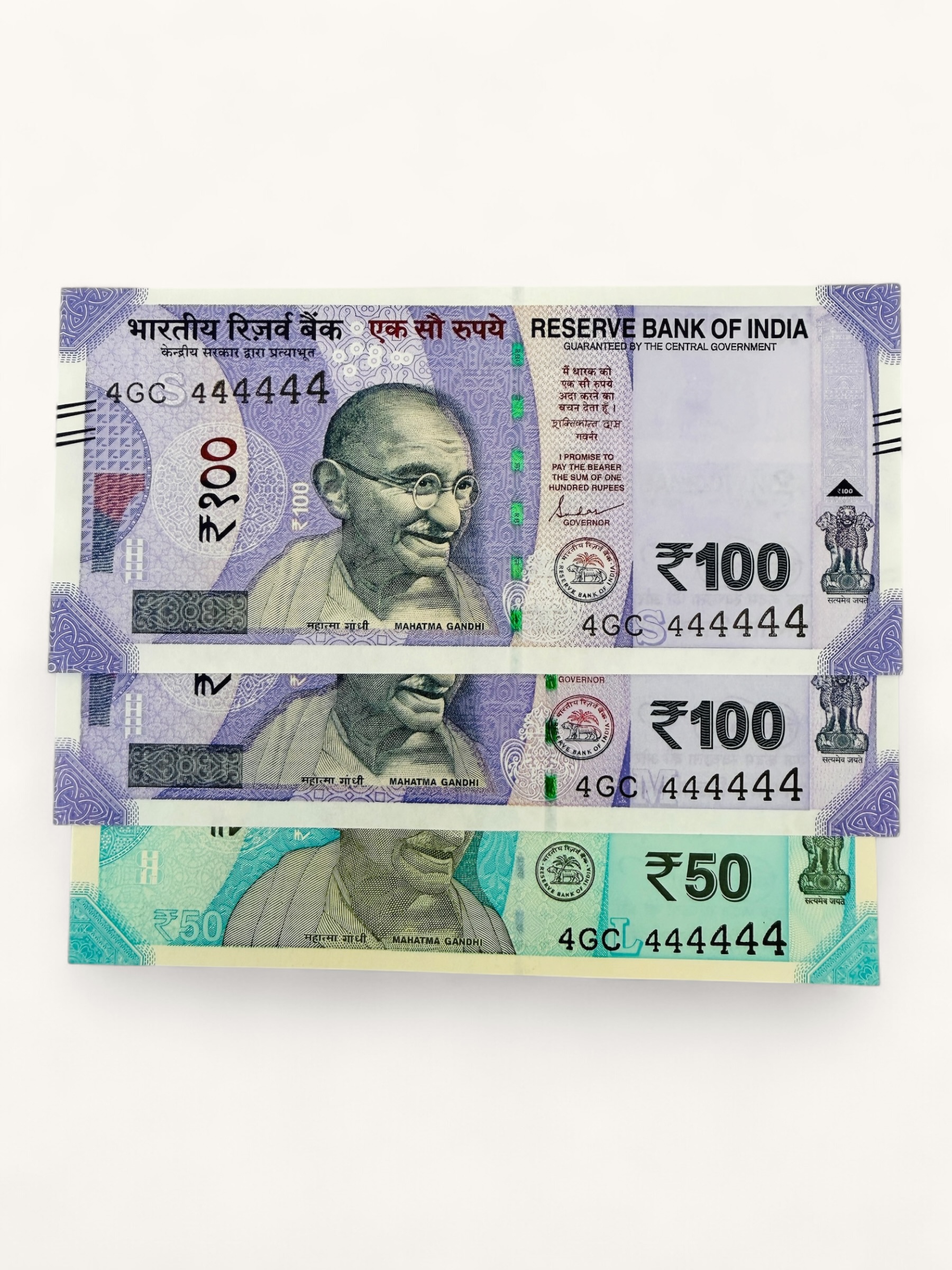 Rs 50 to 100 Ultra Unique Pair Set of Banknotes Same Number 4GC 444444 Gem UNC Unique and Rare