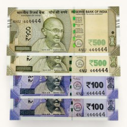 Rs 500 to 100 Ultra Unique Pair Set of Banknotes Same Number 4NU 444444 Gem UNC Unique and Rare
