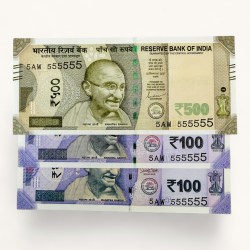 Rs 500 to 100 Ultra Unique Pair Set of Banknotes Same Number 5AW 555555 Gem UNC Unique and Rare