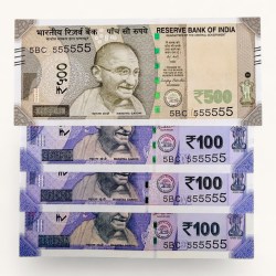 Rs 100 to 500 Ultra Unique Pair Set of Banknotes Same Number 5BC 555555 Gem UNC Unique and Rare