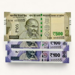 Rs 100 to 500 Ultra Unique Pair Set of Banknotes Same Number 5GW 555555 Gem UNC Unique and Rare