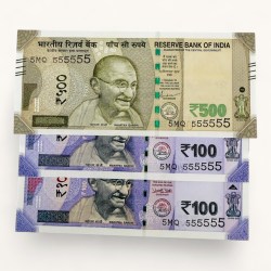 Rs 100 to 500 Ultra Unique Pair Set of Banknotes Same Number 5MQ 555555 Gem UNC Unique and Rare