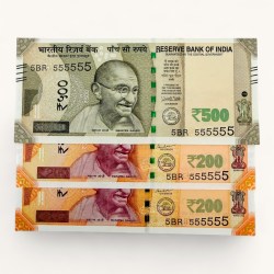 Rs 200 to 500 Ultra Unique Pair Set of Banknotes Same Number 5BR 555555 Gem UNC Unique and Rare