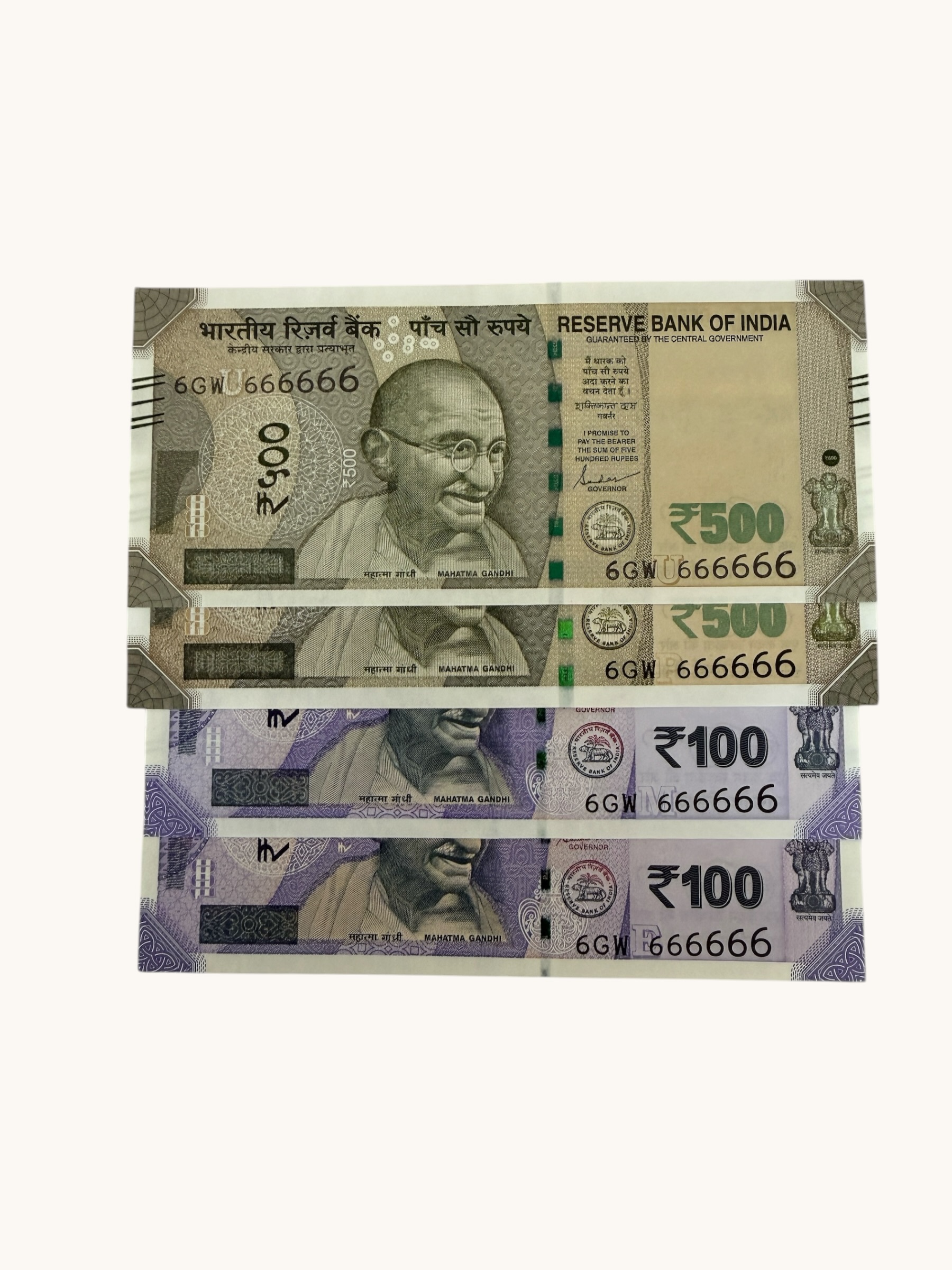 Rs 100 to 500 Ultra Unique Pair Set of Banknotes Same Number 6GW 666666 Gem UNC Unique and Rare