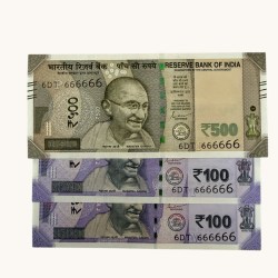Rs 100 to 500 Ultra Unique Pair Set of Banknotes Same Number 6DT 666666 Gem UNC Unique and Rare