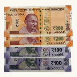 Rs 100 to 200 Ultra Unique Pair Set of Banknotes Same Number 6EK 666666 Gem UNC Unique and Rare
