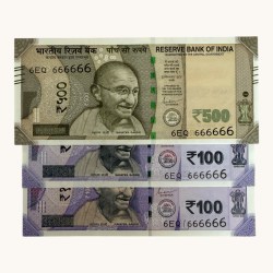 Rs 100 to 500 Ultra Unique Pair Set of Banknotes Same Number 6EQ 666666 Gem UNC Unique and Rare