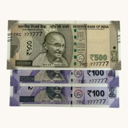 Rs 100 to 500 Ultra Unique Pair Set of Banknotes Same Number 7RC 777777 Gem UNC Unique and Rare