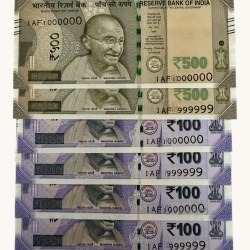 Rs 500 to 100 Ultra Unique Pair Set of Banknotes Same Number 1AF 999999 And 1000000 Gem UNC Unique and Rare