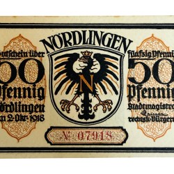 Germany Emergency Banknote 50 Pfennig Notgeld 1918 Issue Nordlingen UNC Unique and Rare