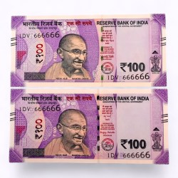 Rs 100 India Banknote Twin Set Same Number 1DV 666666 Unc Unique and Rare