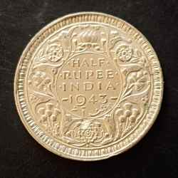 Silver British India King and emperor George vi Denominaton 1/2₹ Year 1943 Same and similar piece available