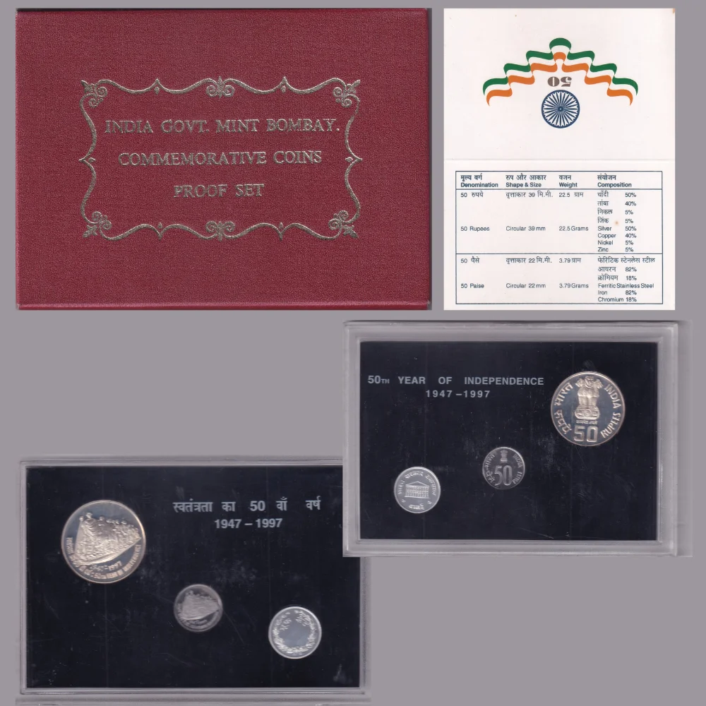 50th YEAR OF INDEPENDENCE 1947-1997 INDIA GOVT. MINT BOMBAY COMMEMORATIVE VIP 3 COINS PROOF SET RARE