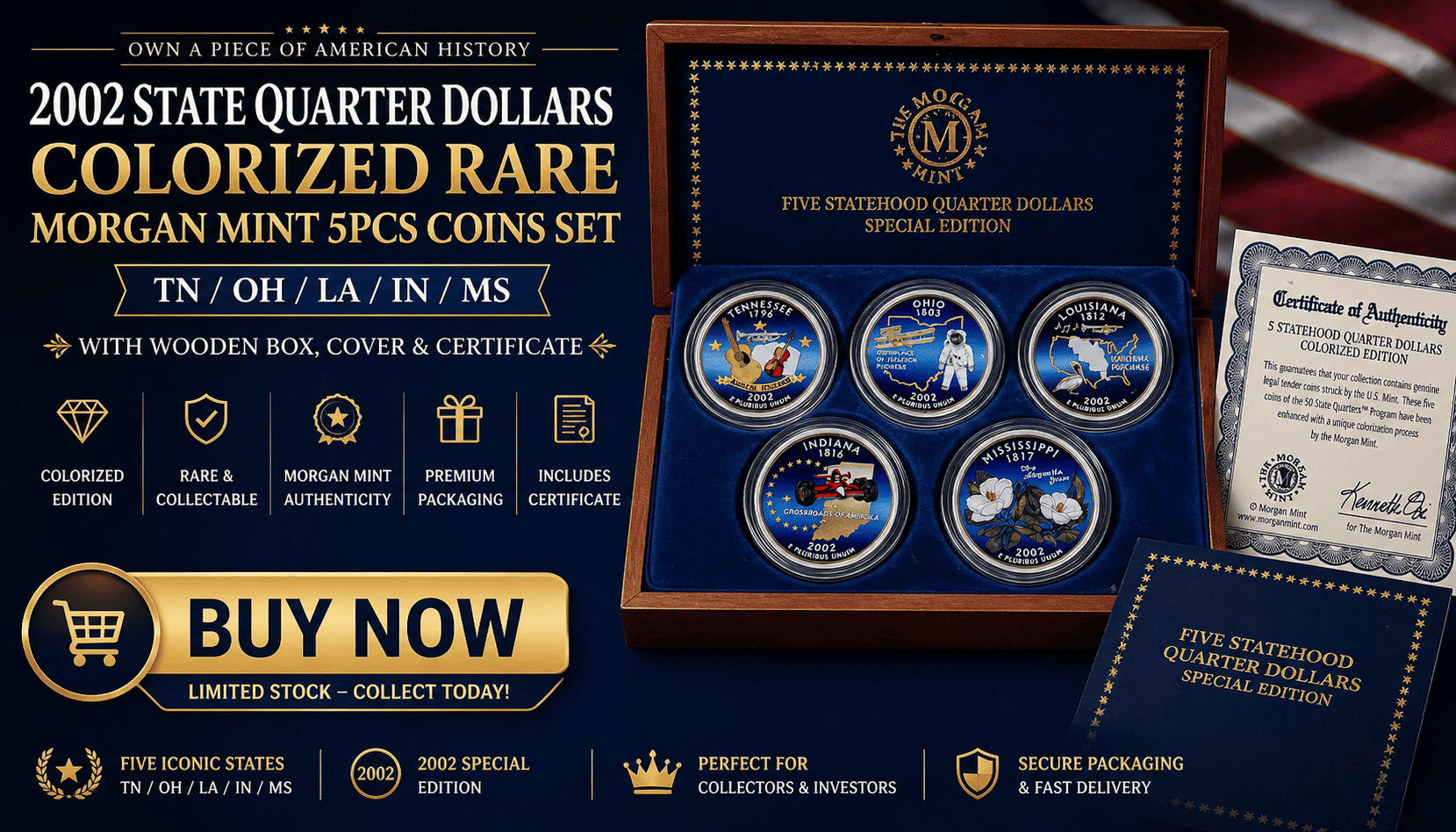 2002 STATE QUARTER DOLLARS (TN/ OH/LA/IN/MS) COLORIZED RARE MORGAN MINT 5Pcs COINS SET WITH WOODEN BOX ; COVER AND CERTIFICATE
