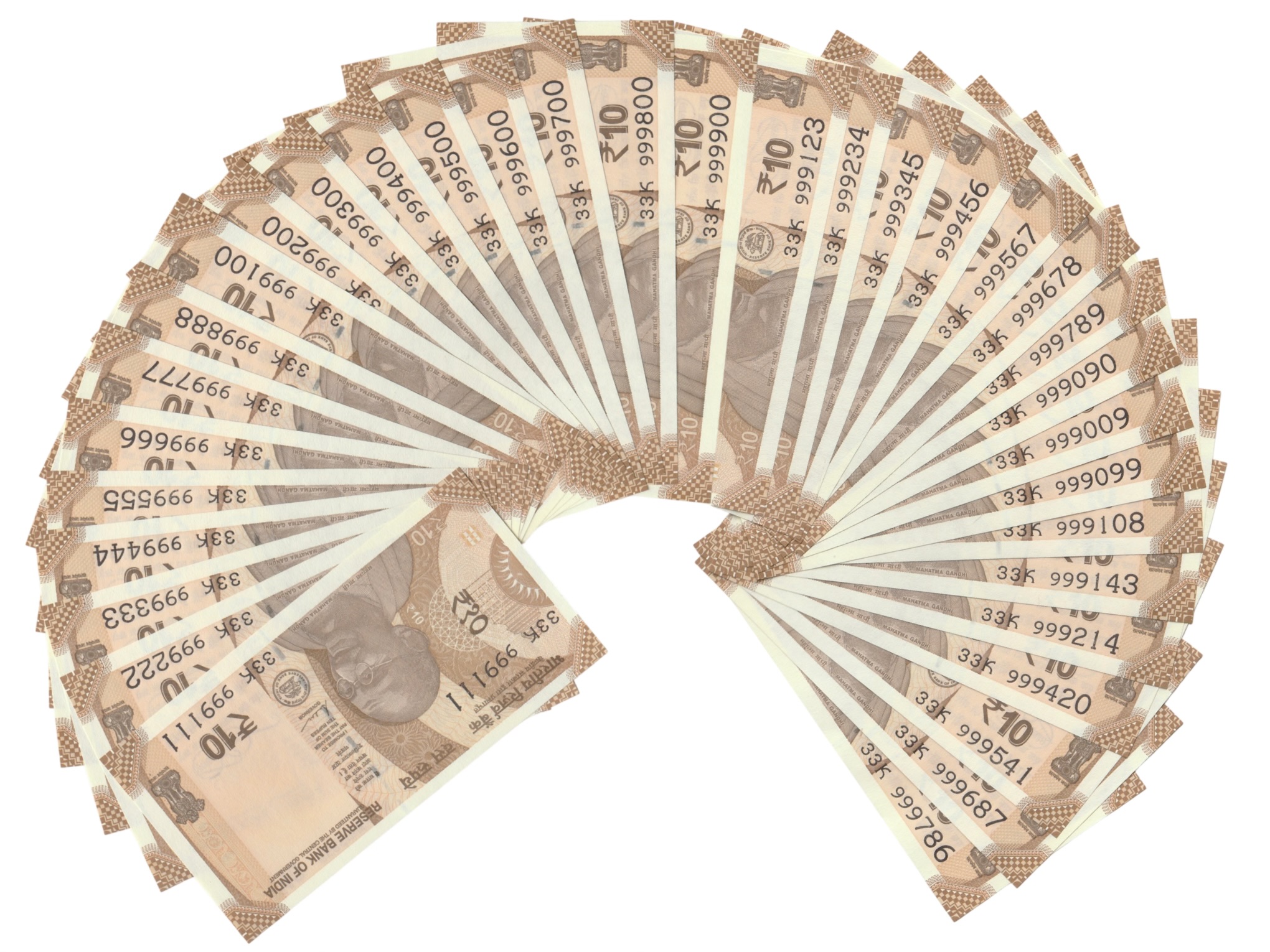 Rare 34 Semi Fancy Note Collection Set of 10 Rupee Unique Serial Valuable No Like 999111 to 999888, 999786, 999123 and many more UNC Fresh New RBI Notes
