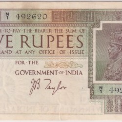 British india 5 Rupees King George V 1925 Rare J B Taylor Signature Note