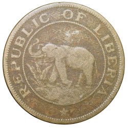 Old Nickel-Brass 2 Cents of Liberia (AD 1937) with Elephant/Palm Tree