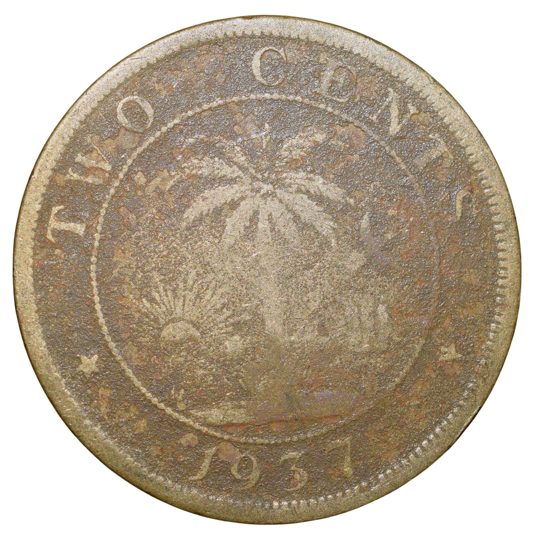 Old Nickel-Brass 2 Cents of Liberia (AD 1937) with Elephant/Palm Tree