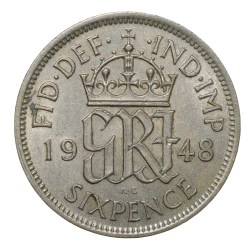 Copper-Nickel 6 Pence of George VI of United Kingdom (AD 1948) with Flowers