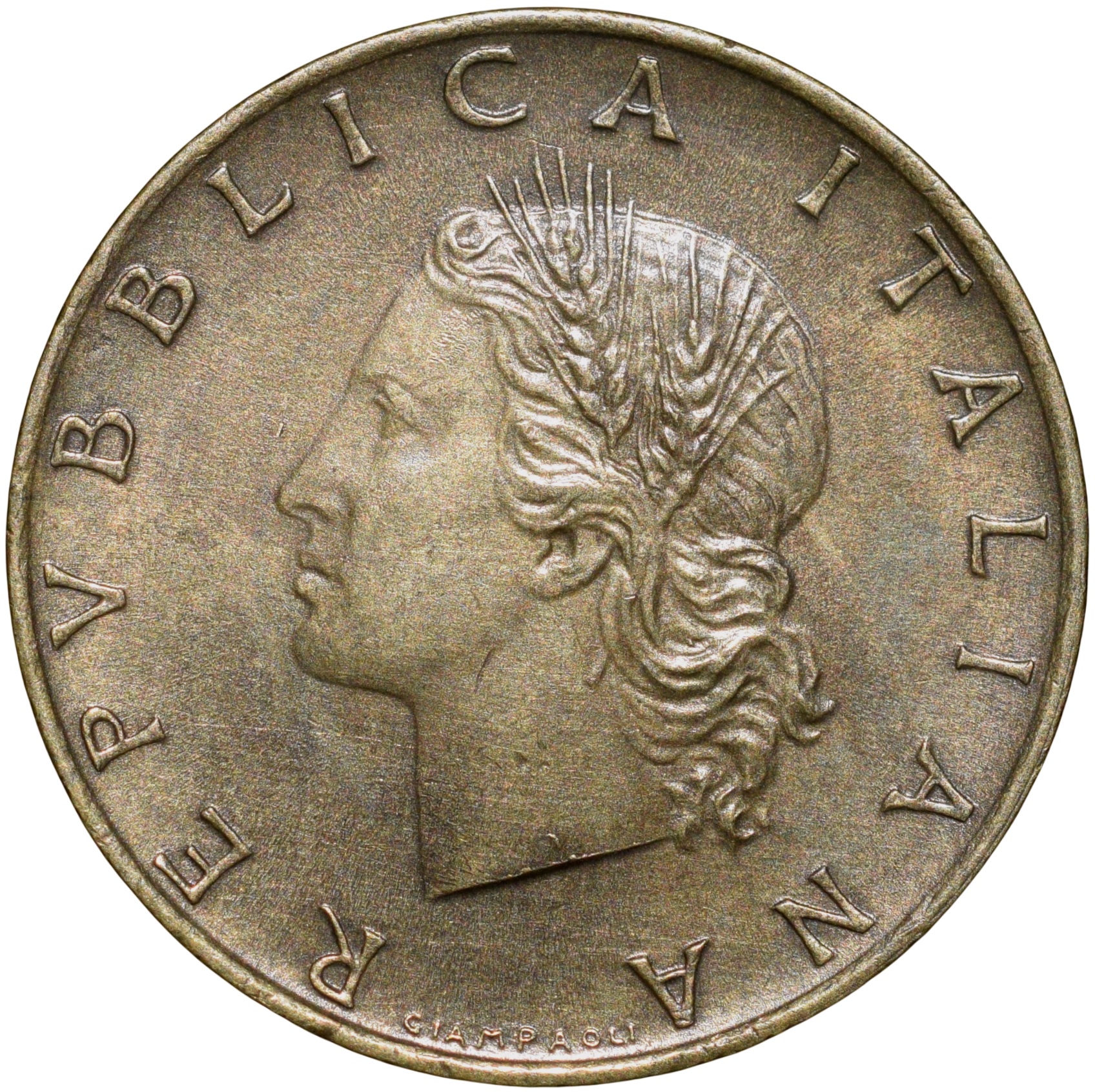 Brass 20 Lira of Italy Country (AD 1983) with Oak Leaves Scarce