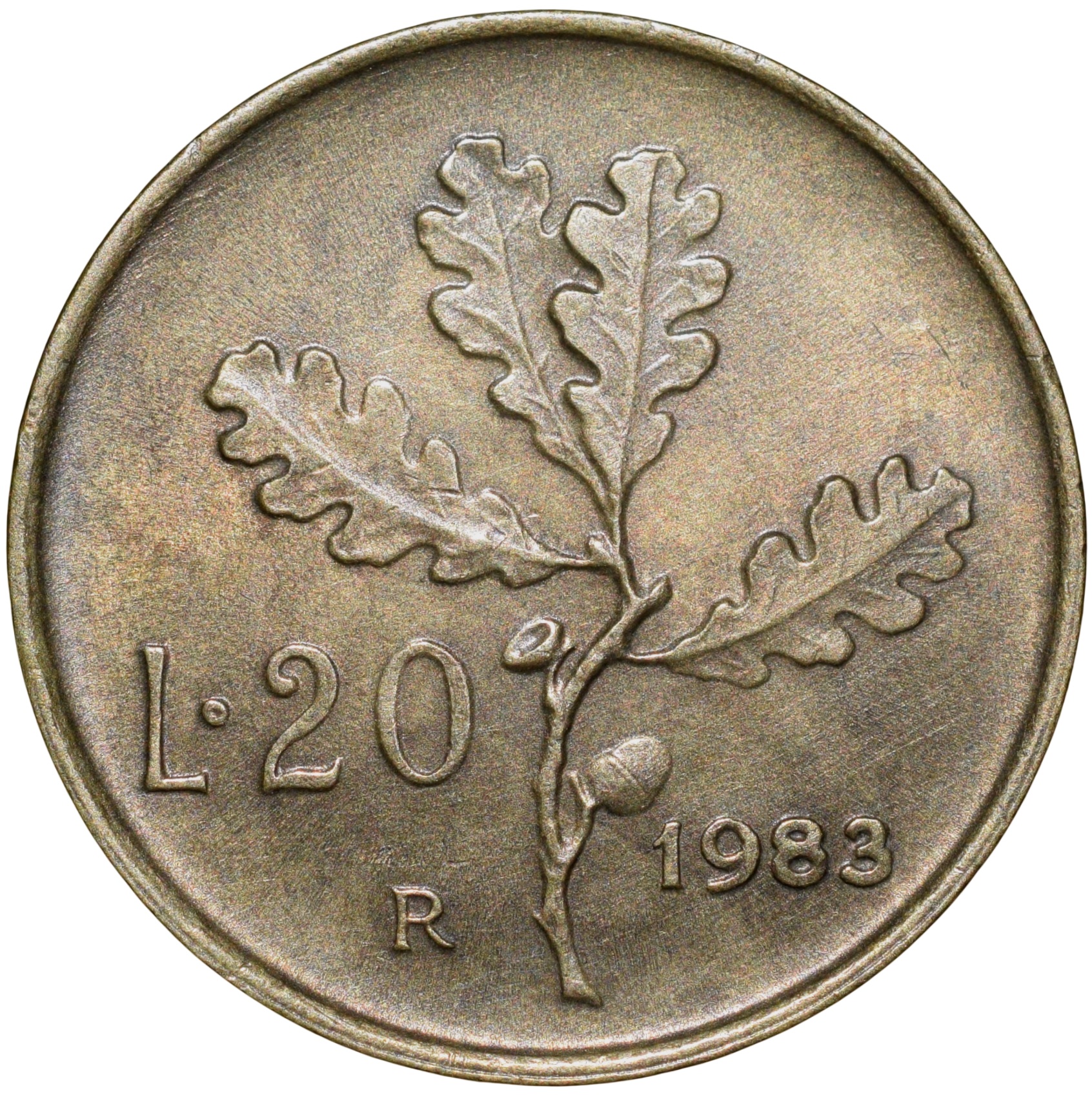 Brass 20 Lira of Italy Country (AD 1983) with Oak Leaves Scarce - Image 2