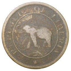 Old Nickel-Brass 1 Cent of Liberia (AD 1937) with Elephant/Palm Tree