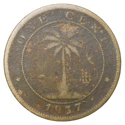 Alternative view of Old Nickel-Brass 1 Cent of Liberia (AD 1937) with Elephant/Palm Tree