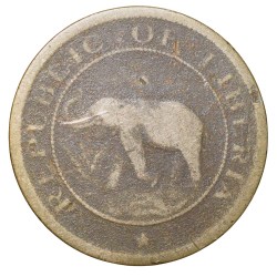 Old Nickel-Brass 1 Cent of Liberia (AD 1937) with Elephant/Palm Tree