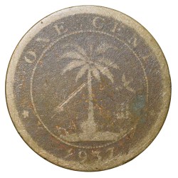 Alternative view of Old Nickel-Brass 1 Cent of Liberia (AD 1937) with Elephant/Palm Tree