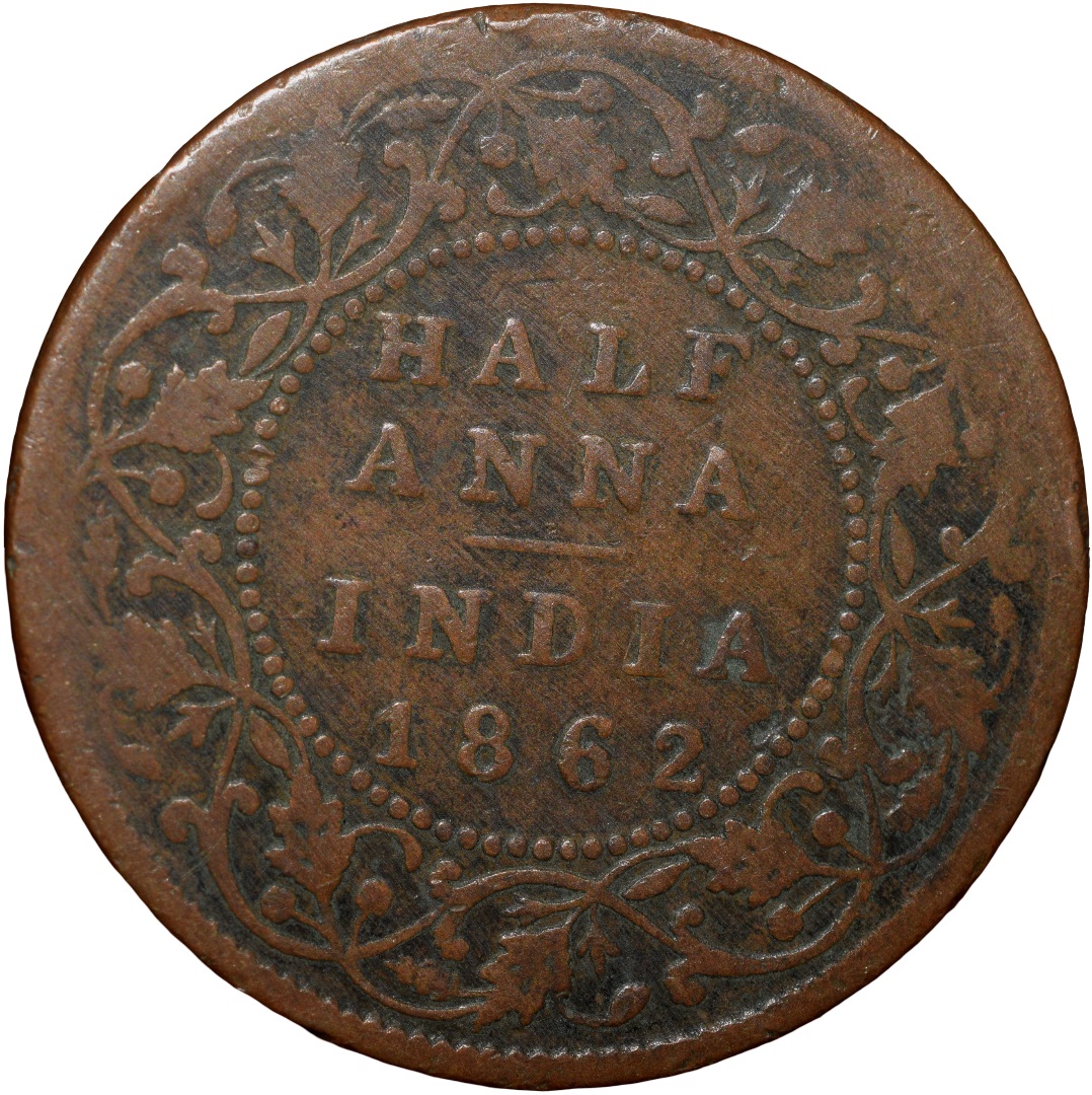 Copper 1/2 Anna of Victoria Queen (AD 1862) of Madras Mint Bust Type A Slanting Top 1 (PR # 577) Scarce