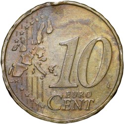 Alternative view of Brass 10 Euro Cents of Nederland (AD 2000) with Profile of Queen Beatrix/A map