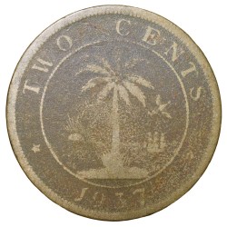 Alternative view of Old Nickel-Brass 2 Cents of Liberia (AD 1937) with Elephant/Palm Tree