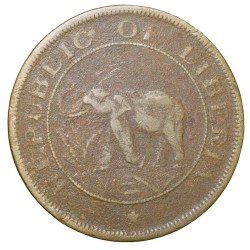 Old Nickel-Brass 2 Cents of Liberia (AD 1937) with Elephant/Palm Tree