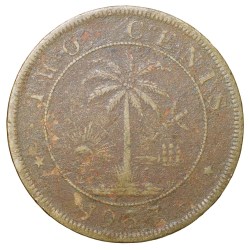 Alternative view of Old Nickel-Brass 2 Cents of Liberia (AD 1937) with Elephant/Palm Tree