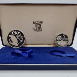 1974 ROYAL MINT SEYCHELLES SILVER PROOF TURTLES 2 COIN SET 10 & 5 RUPEES SET