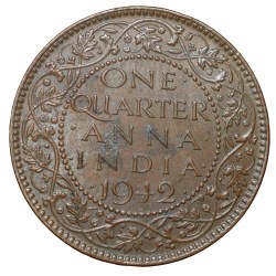 Alternative view of Bronze 1/4 Anna of George VI (AD 1942) of Calcutta Mint Beautiful Grade Head Type II