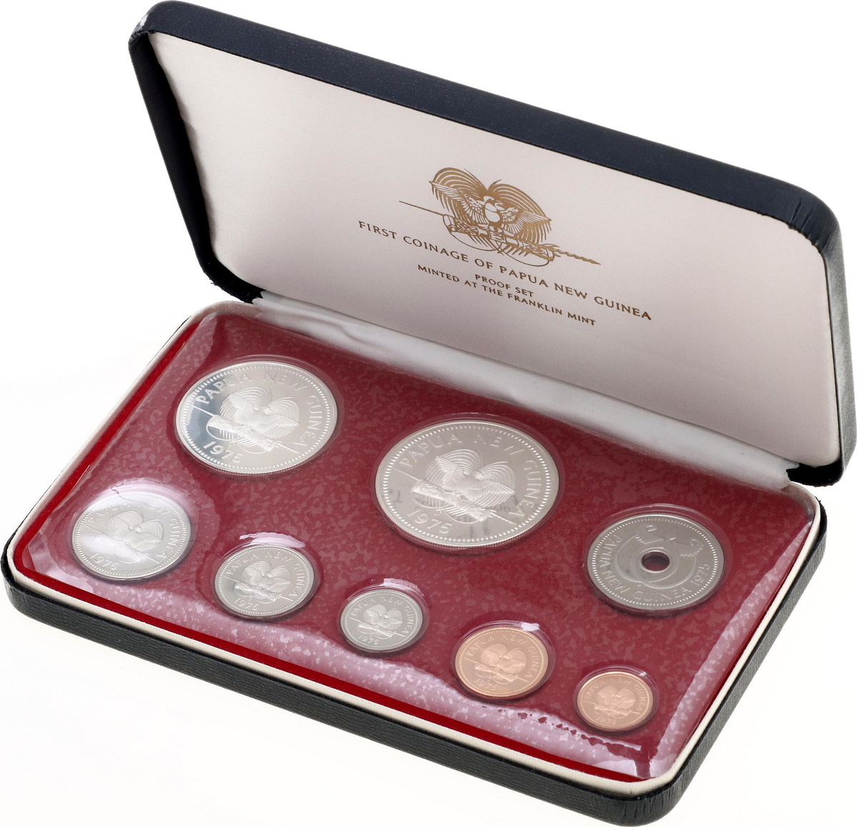 Firdt Coinage Of Papua New Guinea Proof Set Minted At The Franklin Mint ; 1 - 2 - 5 - 10 - 20 Toea & 1 - 5 - 10 Kina 1975 ; In Original Box Rare (8 Coin Set) Included 2 Silver Coin