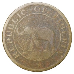 Old Nickel-Brass 2 Cents of Liberia (AD 1937) with Elephant/Palm Tree